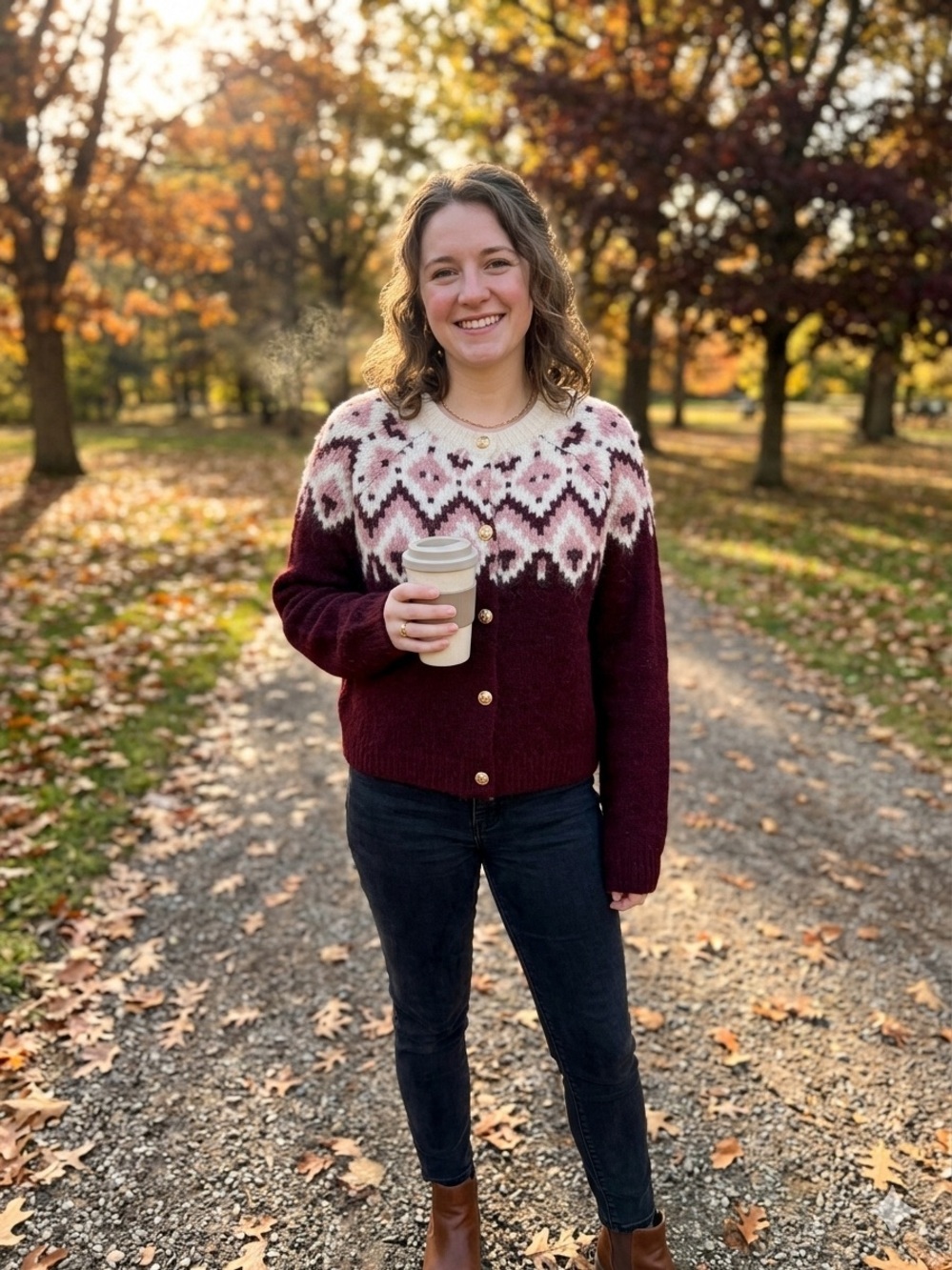 RD Style Burgundy, Pink & Cream Fair Isle Button-Up Cardigan